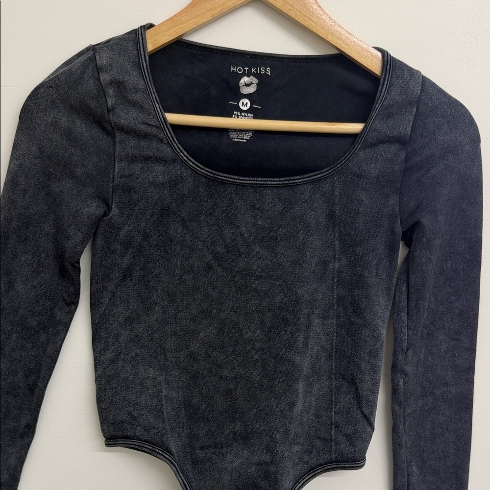 Hot Kiss Dark Gray Long Sleeve Bodysuit
